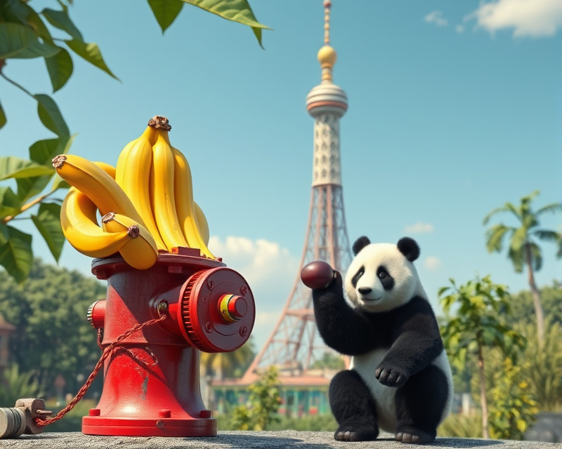 fire hydrant, banana, plum, tower, panda